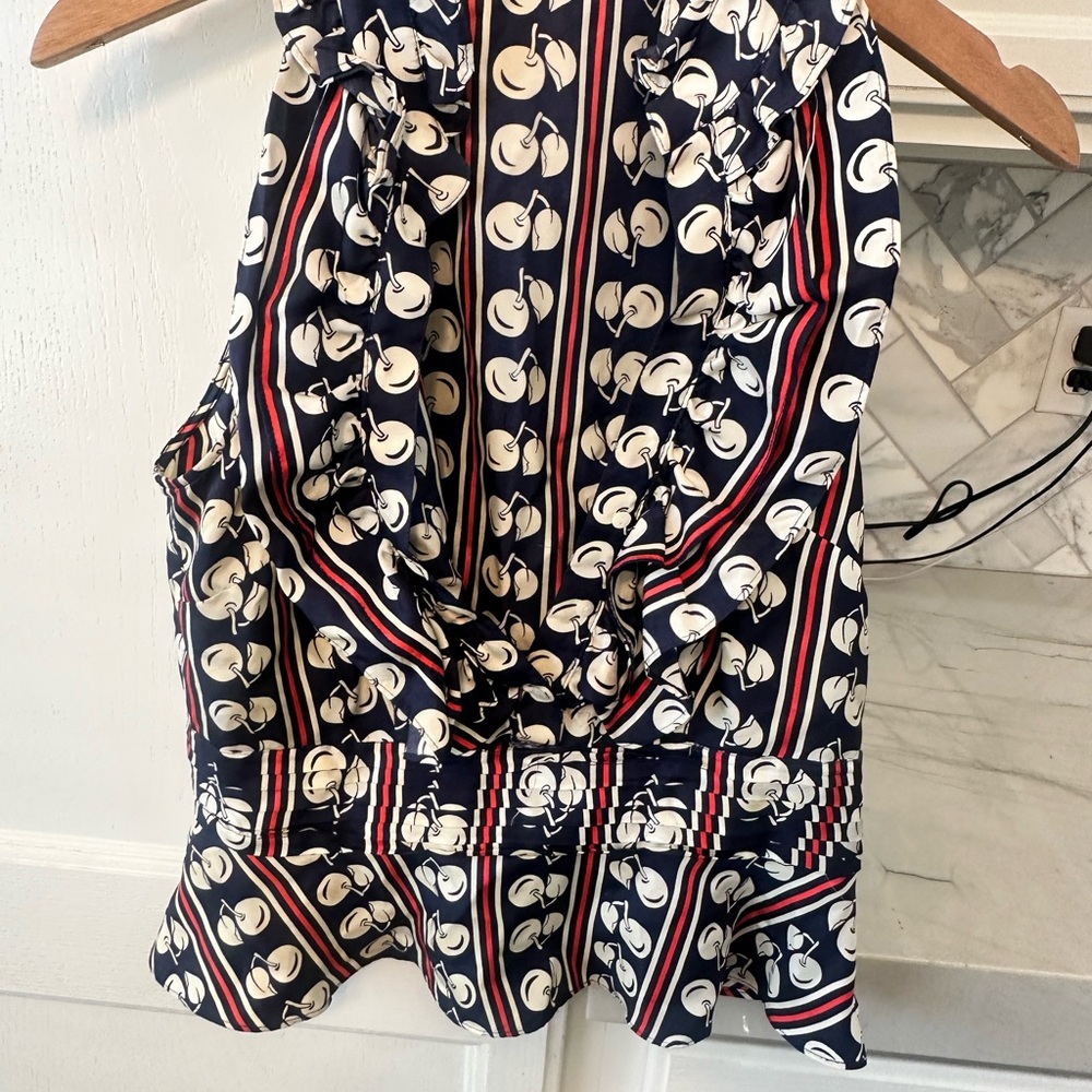 Navy Cherry Print Boutique Sourced Ruffled Sleeveless Top